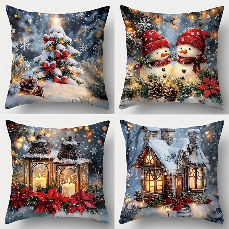TEMU 2D Flat - 2D-Druckmuster, keine echte 3D, 4 Stück, Abdeckungen mit Weihnachtselementen. Geeignet zur Dekoration während der Feiertage, zu Hause,