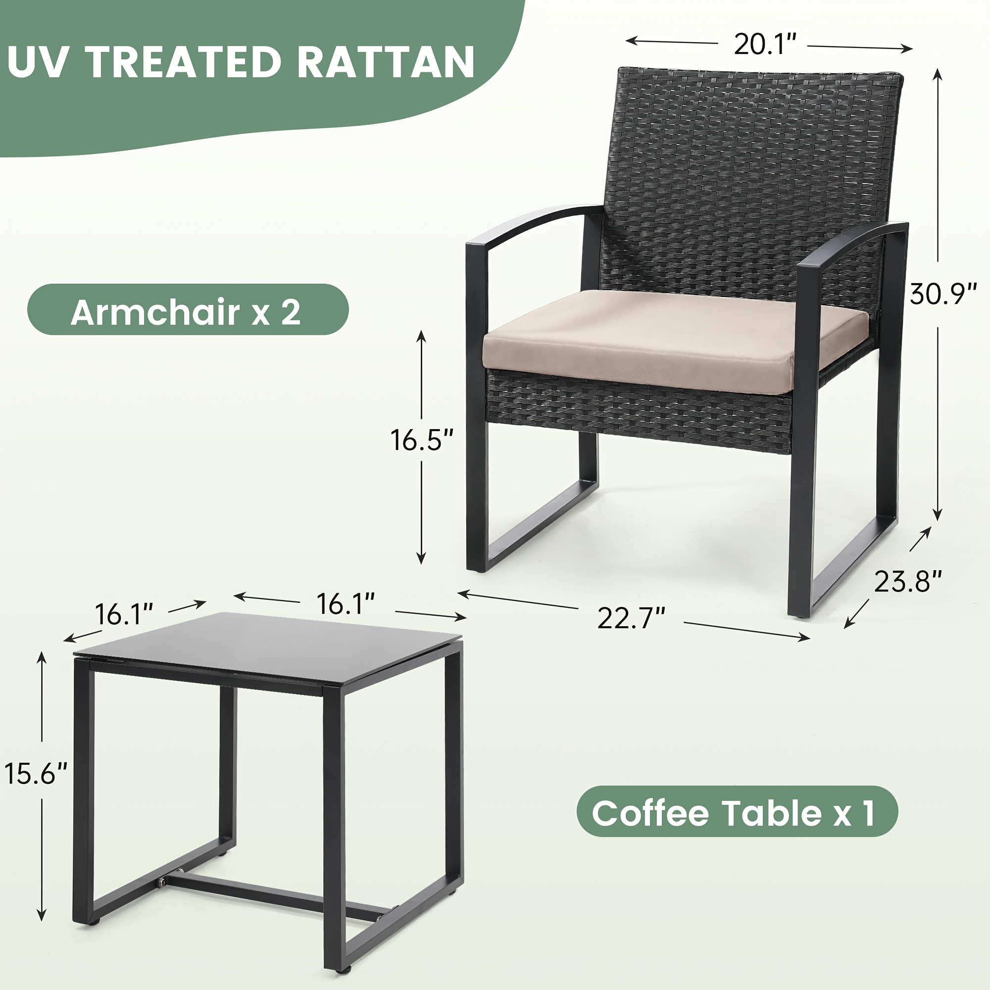 Outdoor Patio Furniture Set, Wicker for 3 People Conversation Set Includes 2 Waterproof Chairs, Thick Cushions and 1 Small Bar Table, Safety Glass Roof