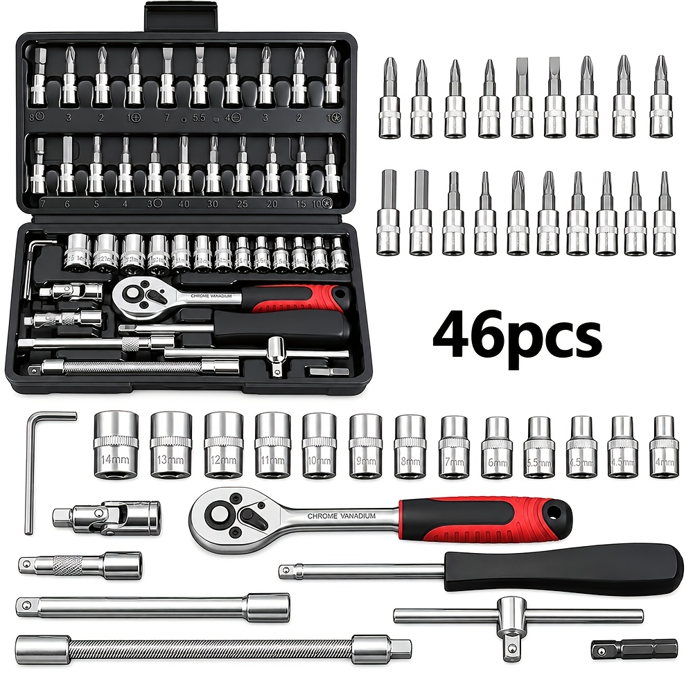TEMU 899/46pcs Mechanics Tool Set, Hand Tool Kit In Aluminum Tool Box, Complete Socket Wrench Set With Pliers, Screwdrivers, Ratchets, Combination
