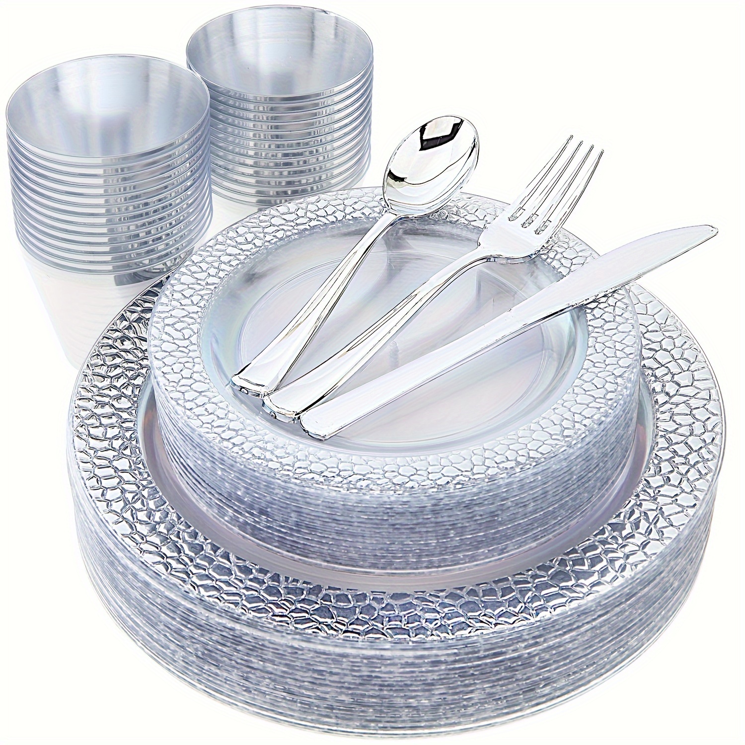 

720pcs Silver Plastic Dinnerware, Clear Plasitc Plates With Silver Dimond Design, Silver Plastic Silverware, Silver Plates, Clear Cup With Silver Rim, Good Choice For Wedding And Party