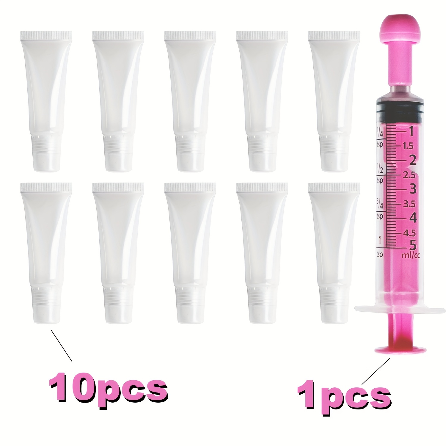 Image of 10 Empty 8ml Lipstick Tubes, Refillable Lip Gloss Cosmetic Tubes, Includes 1 Pink 5ml Funnel, Transparent Soft Lipstick Containers, Suitable For Women's Diy Lipstick Cosmetics, Portable
