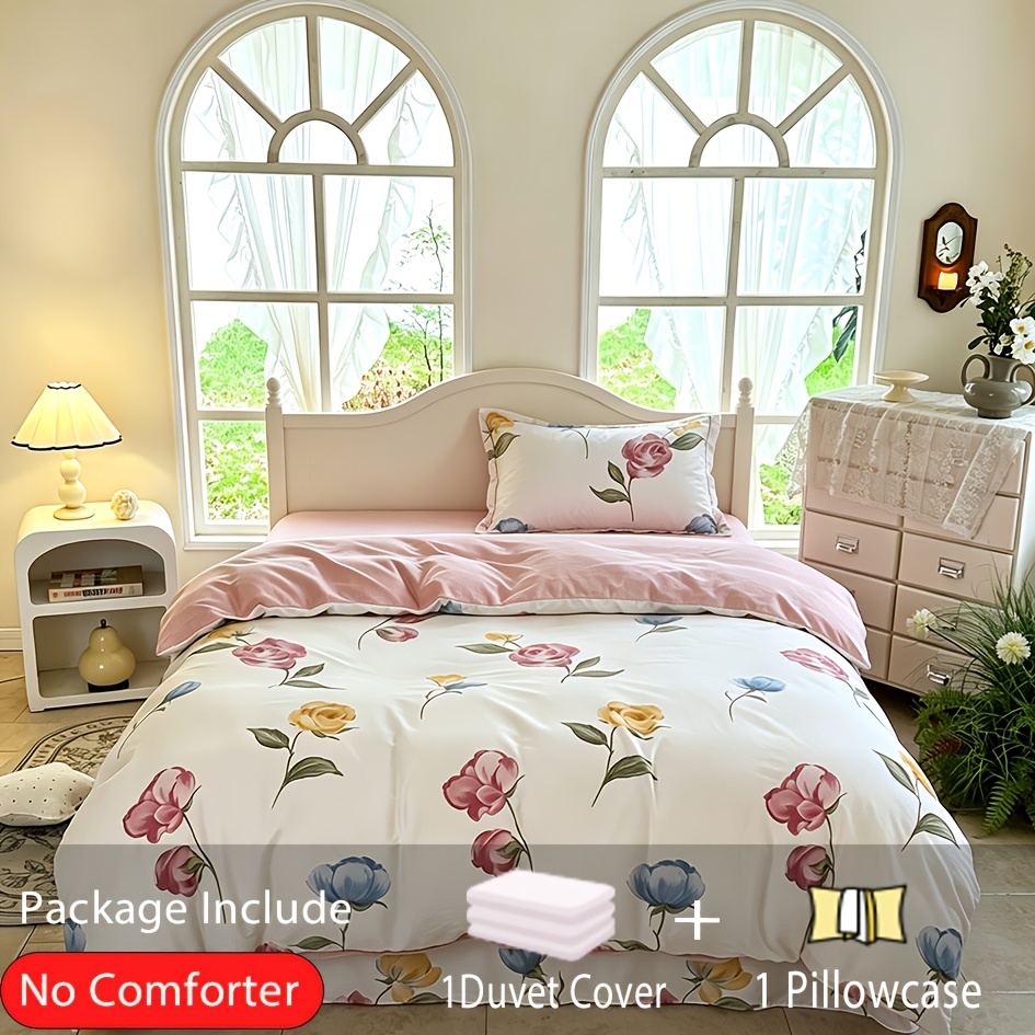 Image of 2/3pcs 100%cotton Floral Quilt Cover Set (1*quilt Cover + 1/2*pillowcase, Without Pillowcore And Quilt Filler), Soft Comfortable For All With Zipper, For Bedroom