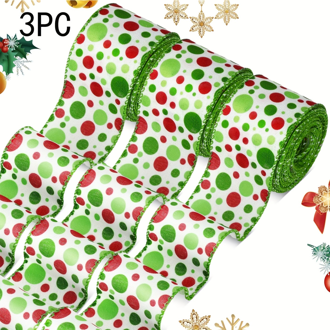 

3 Rolls Of 15 Christmas 1.5 Christmas And Dot Decorative , For Diy Crafts, Bow Wreath, Packaging, Christmas Tree Ornaments, Roll 5