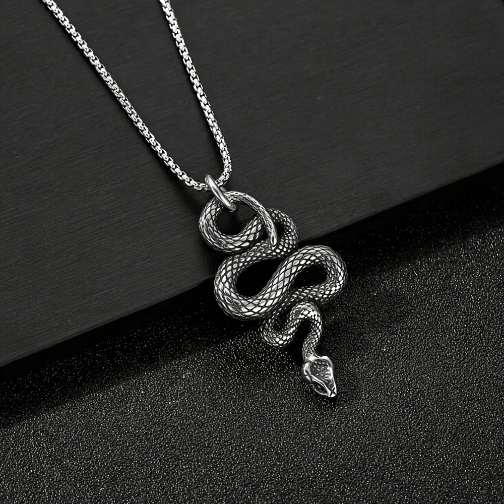 Image of 1pc Punk Snake Pendant Necklace Antique Silvery-colored Jewelry Suitable For Men' Wear And Boyfriend Gift