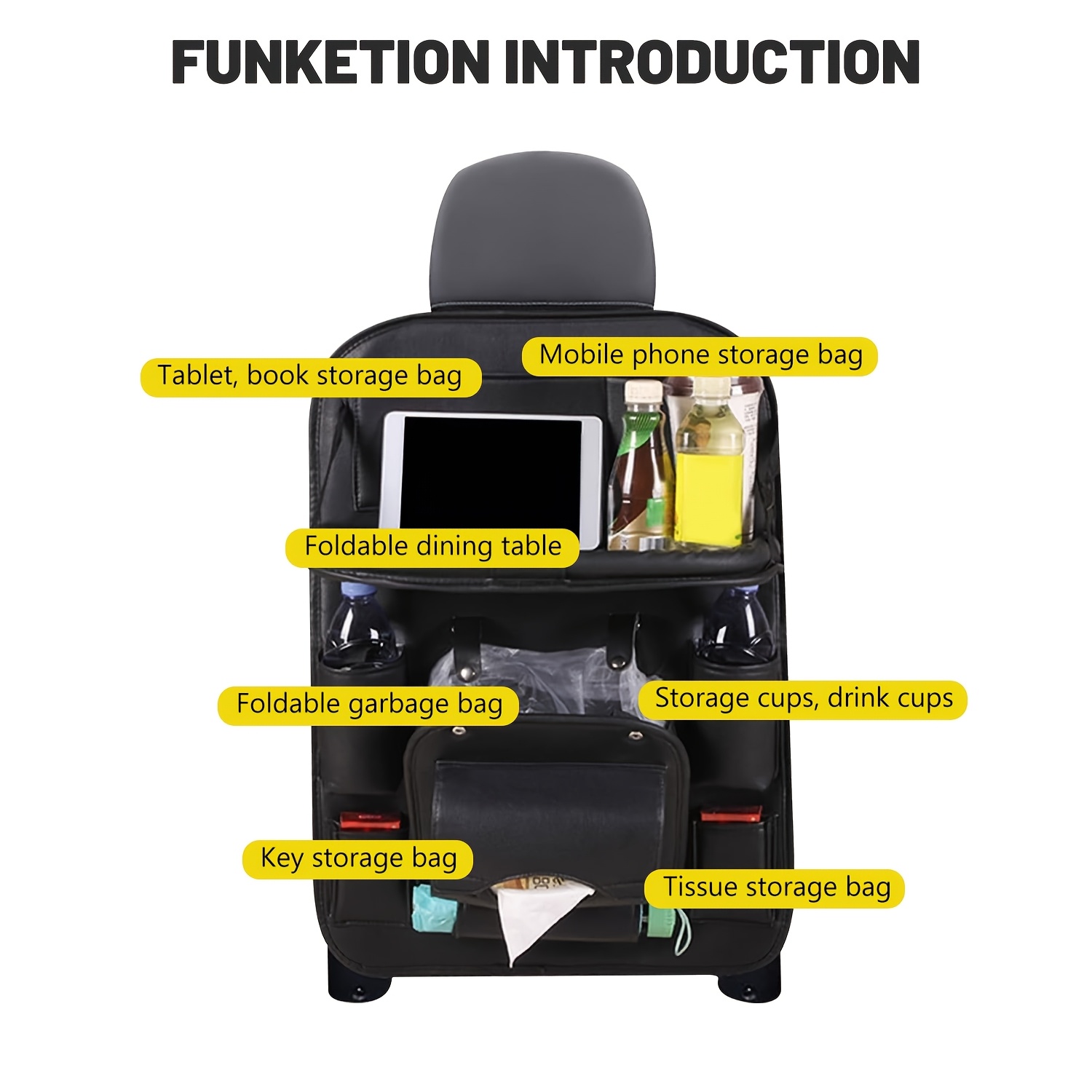  car back seat organizer with foldable tray table faux leather storage bag with 6 color options multi with tablet holder cup holders tissue holder anti kick seat protector for cars suvs and truck Product details 1