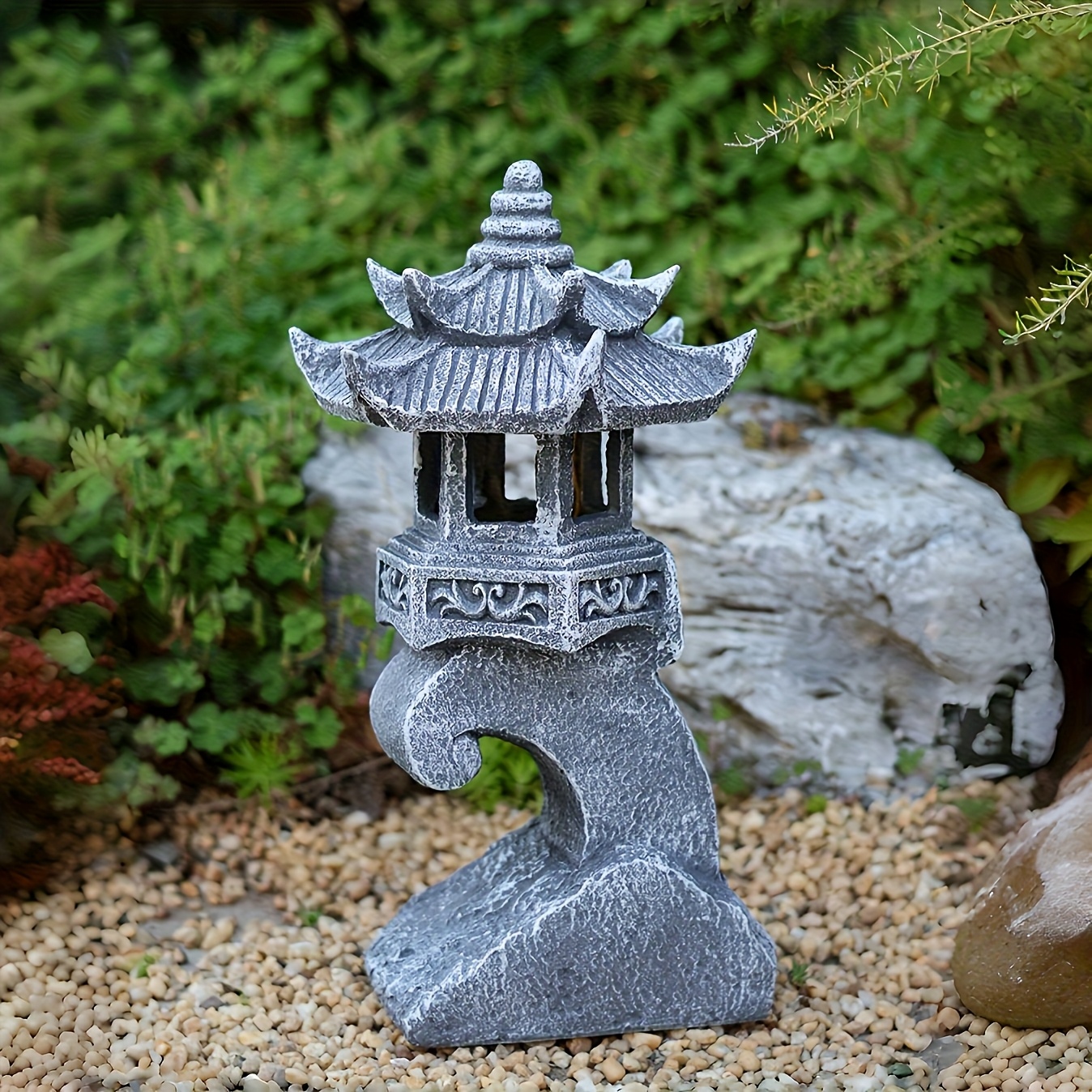 TEMU Outdoor Garden Solar Statue Light, Solar Pagoda Lantern Garden Statue, Solar Outdoor Zen Inspired Imitation Stone Lantern Ornament, Zen Pagoda