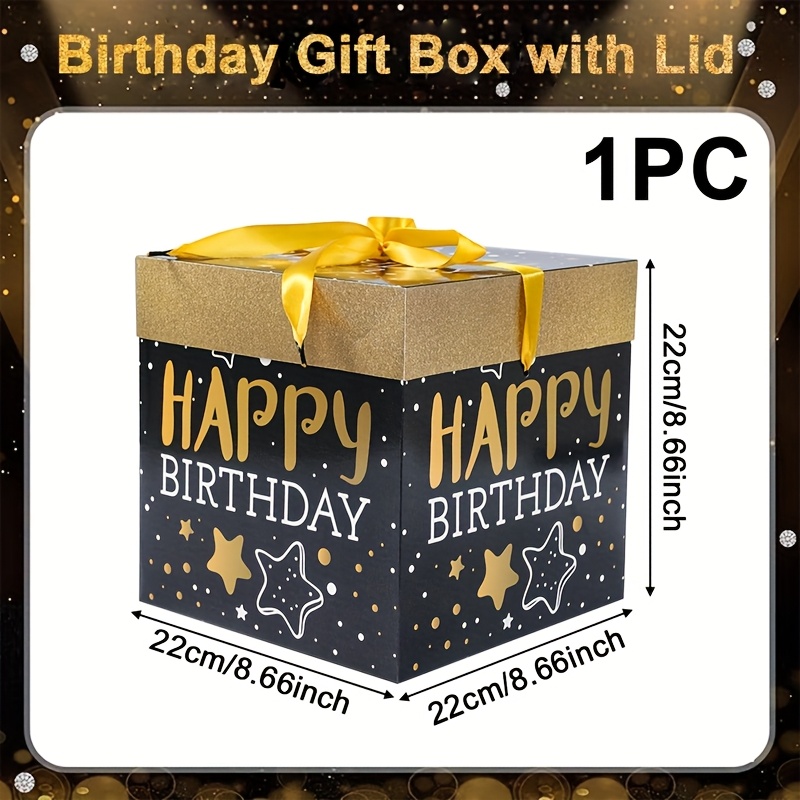Image of 1pc, Card Box, Happy Birthday Gift Box With Lid And Ribbon, 22 X 22 X 22cm, Black Gift Boxes, Happy Birthday Party Decoration, 1st Birthday Party Decor, Adult Birthday Party Packaging Boxes, Elegant