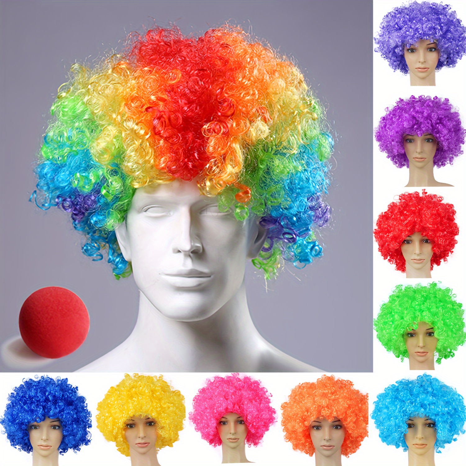 Funny Cool Eye Catching Afro Clown Wig With Clown Red Ball Nose