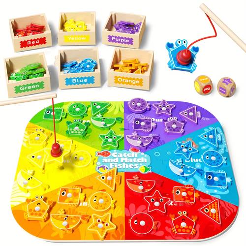 Wooden Six-Color Fishing with Box Magnetic Fishing Fine Motor Skills Classification Color Matching Educational Toy Christmas Gift