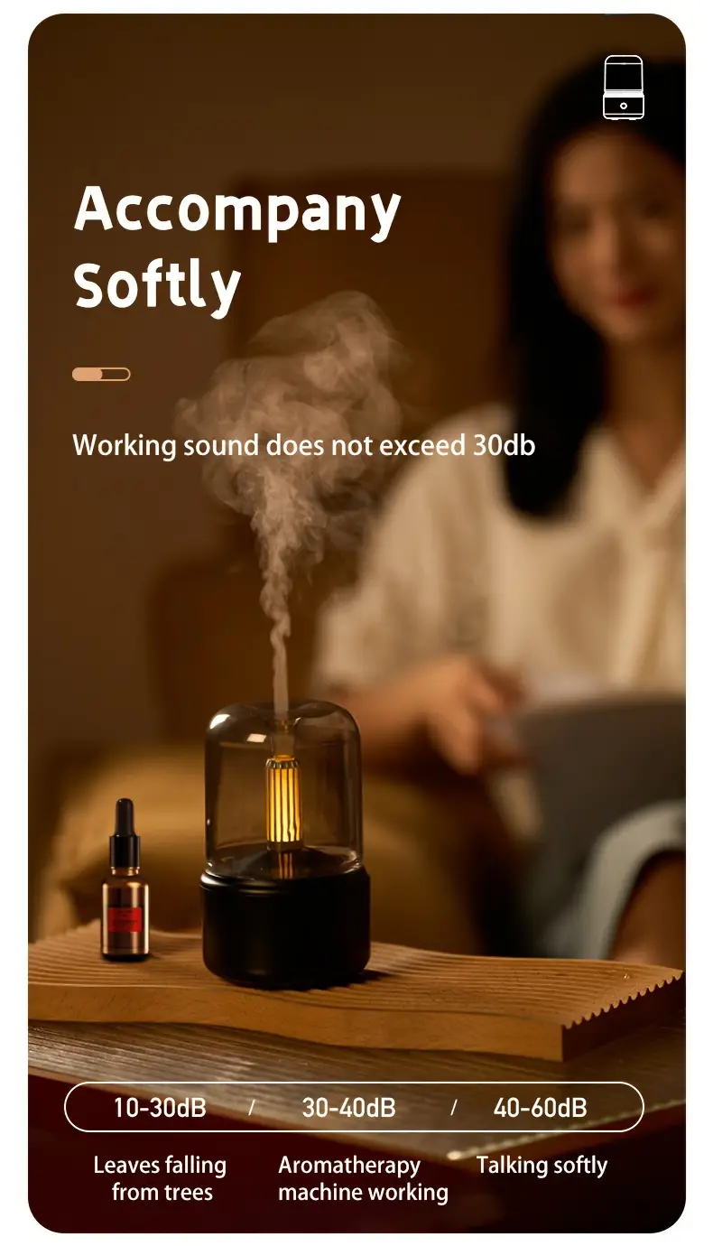 essential oil diffuser with simulated candlelight water shortage power outage protection ultrasonic atomization suitable for 10 20m usb powered key control no battery included details 7