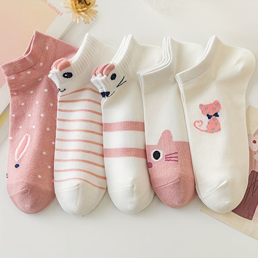 

5 Pairs Cartoon Cat Ankle Socks, Cute Casual Socks, Striped Pattern, Soft Breathable Comfort, Women's Novelty Socks