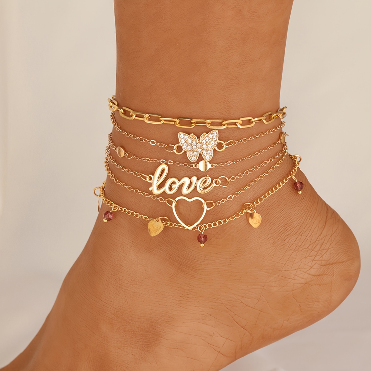 

6-piece Set Golden Anklets With Rhinestones, Heart & Butterfly Charms - Simple & Elegant Ankle Bracelets For Women, Perfect For Date, Vacation, Party & Everyday Wear Gift