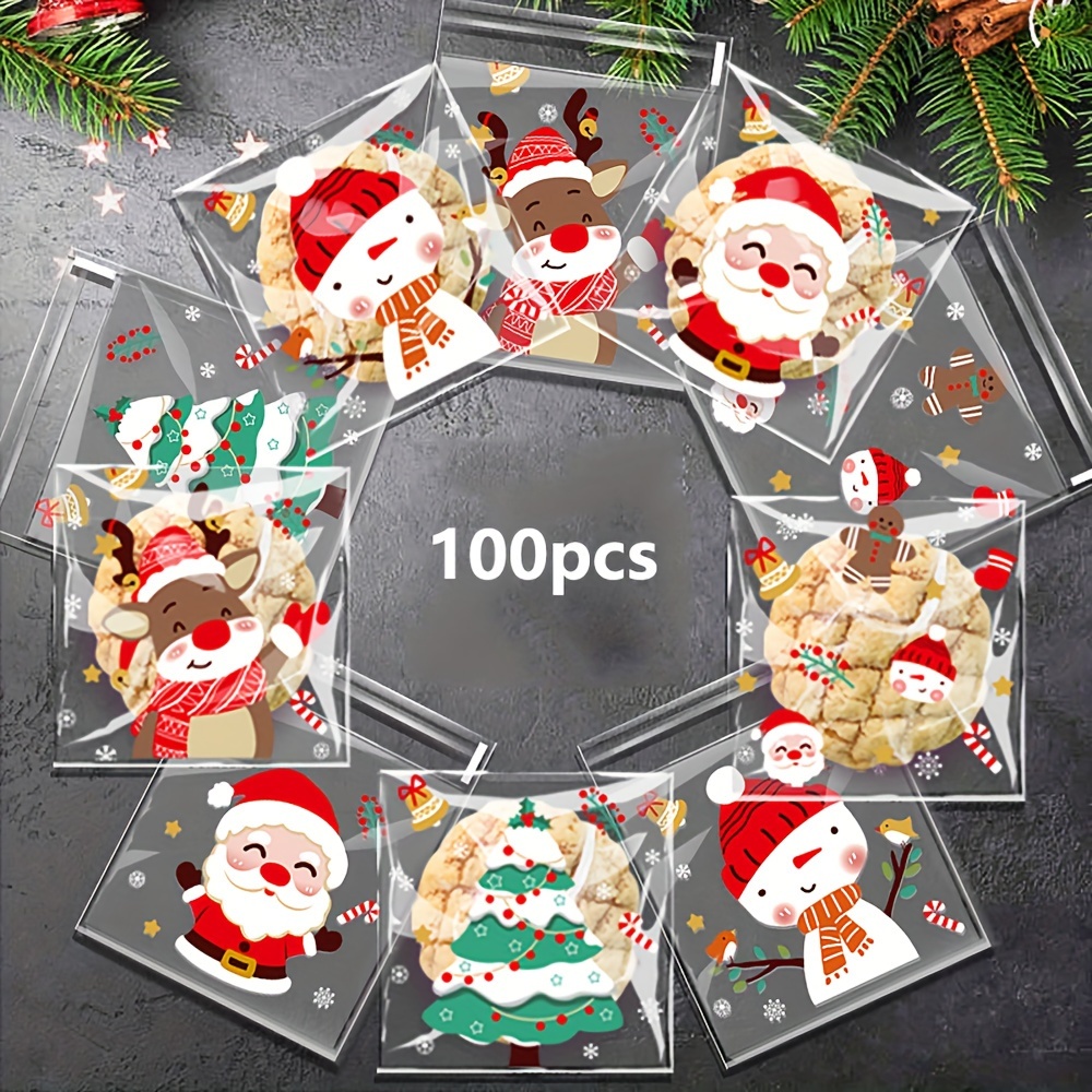 

100pcs Christmas Cartoon Self-adhesive Bags - Plastic Candy Cookie Bags With Santa, Reindeer, And Snowman Designs For Holiday Baking Packaging