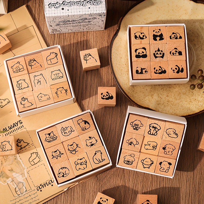 

9pcs Cute Animal Pattern Wooden Stamp Sealing Stamps Set For Journal Scrapbooking Decoration Diy Crafts