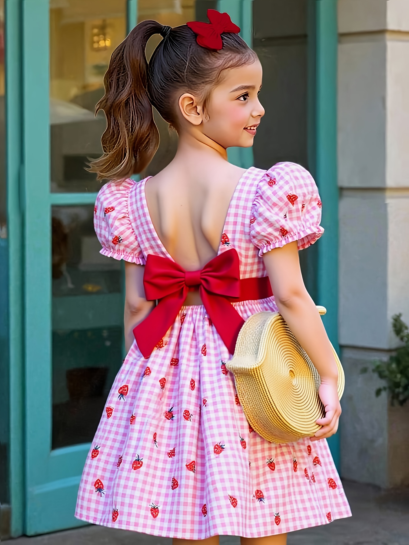 temu holiday dresses Girls' * Print & Bow Back Short Sleeve Dress - * A-Line Knee-Length Dress  with Square Neck, Dress for Birthdays, Picnics *