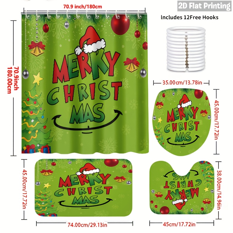 TEMU Ensemble de rideaux de douche de Noël 2D plats, 2D plats, 2D plats, 4 pièces, motif pour décorations de salle de bain et ambiance de fête (2 X 1