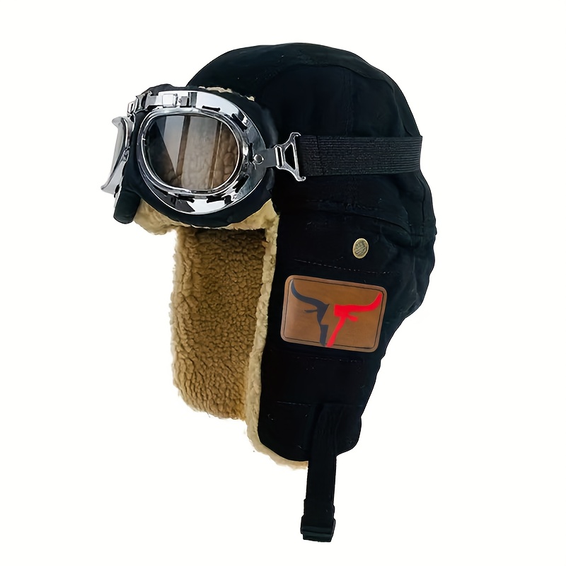 Outdoor Mountaineering -lined Thickened Ski Pilot Motorcycle Hat With Design, Leather Label, Ear Protection, Windproof Goggles, Casual, Stylish, And Elegant