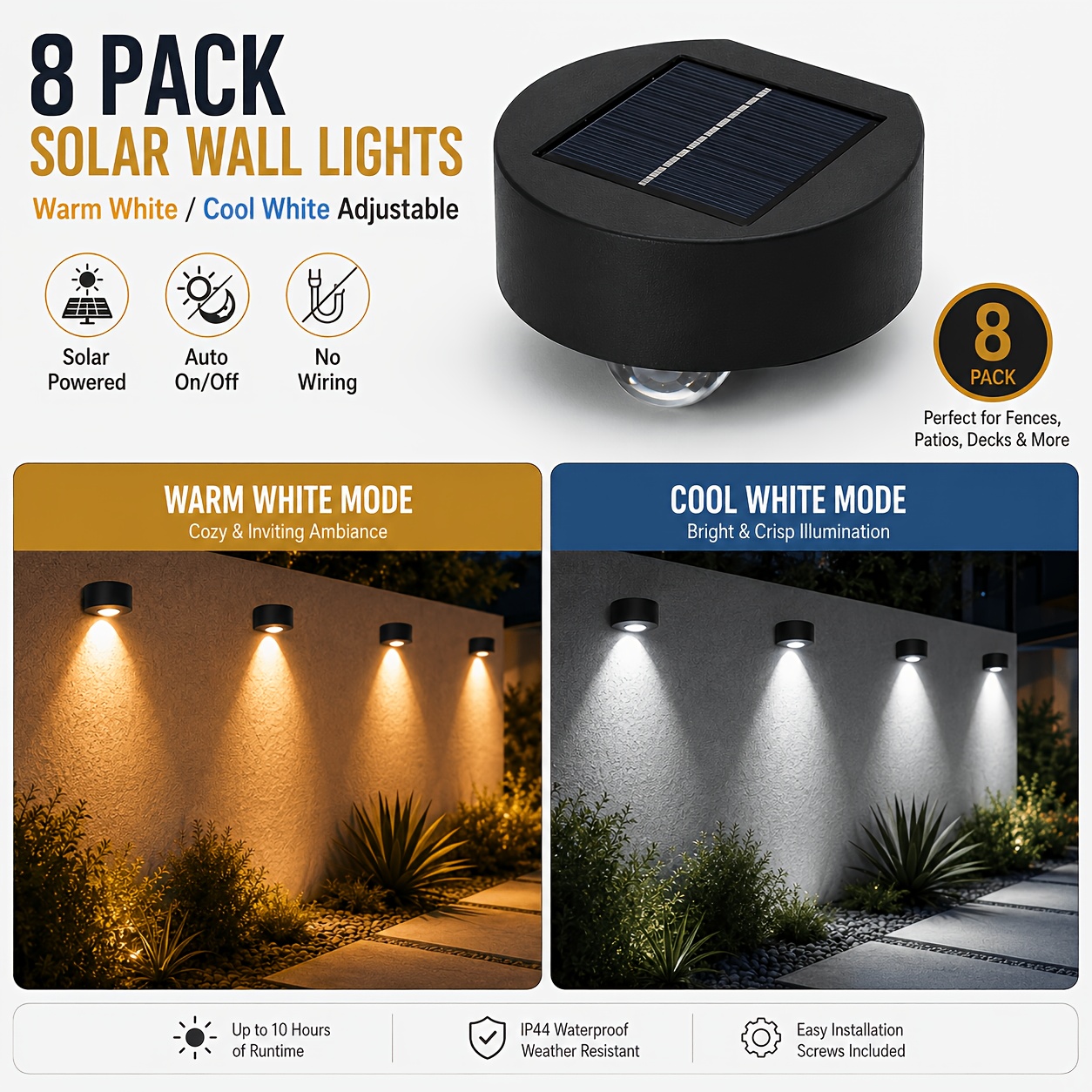 TEMU 8 Pack Solar Downward Wall Lights, Switchable Warm White And Cool White 2 Color Solar Outdoor Wall Sconce, Ip44 No Wiring Solar Fence Lamp For