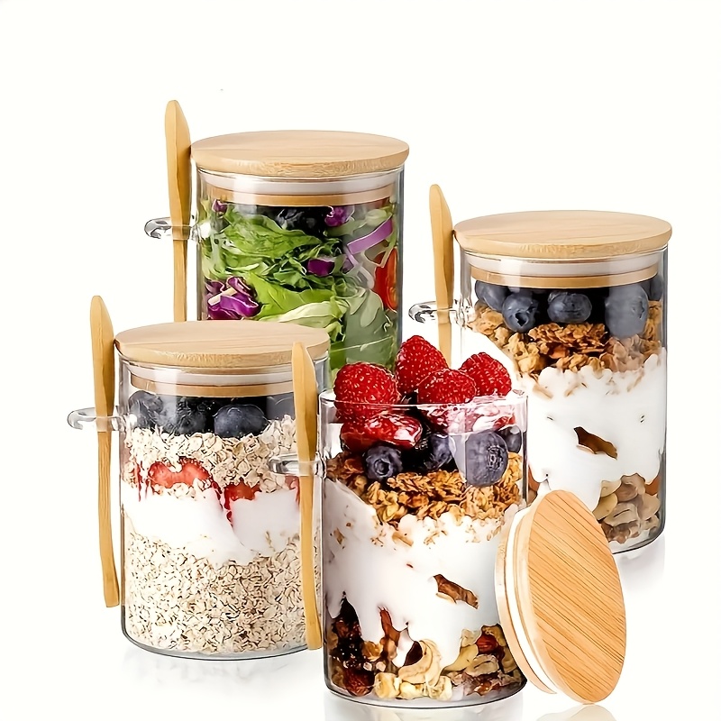 E-shop 2/4/6er-Pack 400ml Overnight Oats Becher, Obstsalat Gläser, Joghurt Schüsseln, Haferflocken Behälter, mit versiegelten Bambus Holz Deckeln und