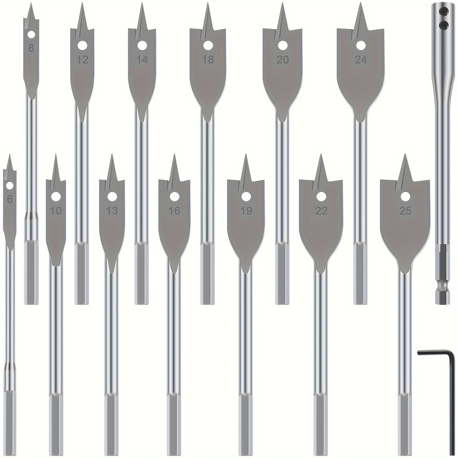 

15pcs Spade Drill Bit Set, 6mm-25mm Titanium Coated Carbon Steel Paddle Flat Wood Drill Bit With Wrench And Auxiliary Lever For Woodworking