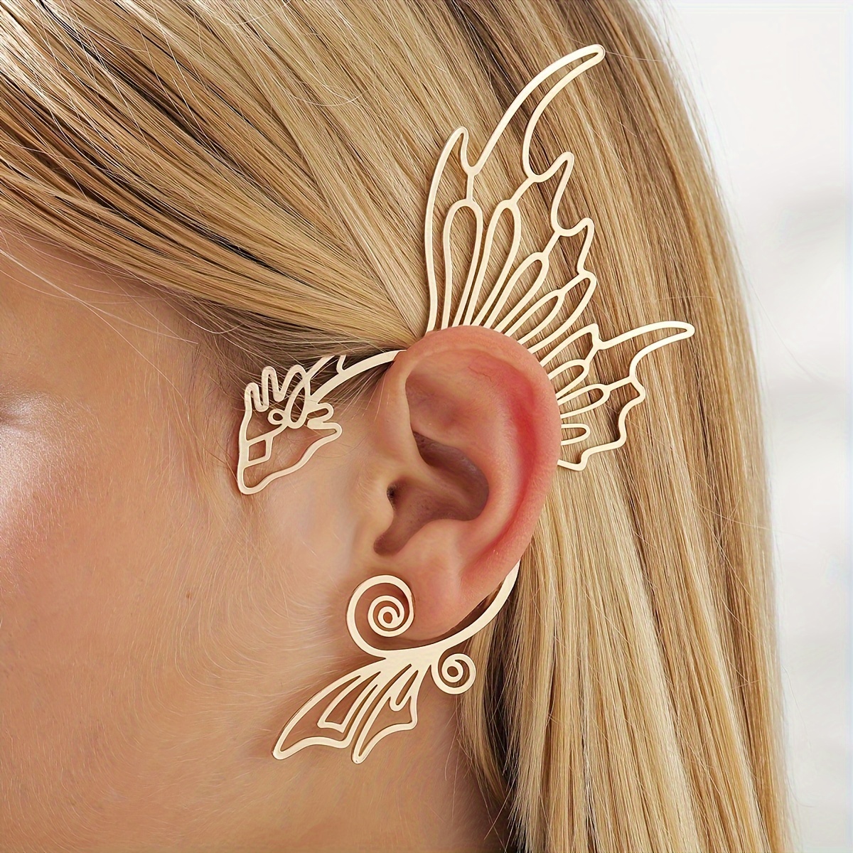 

Dragon Ear Cuff Wrap Earring - Stylish Punk Hip Hop, Gold-tone Hollow Alloy, Stainless Steel Ear Needle, Clip-on For Non-pierced Ears, For & Parties