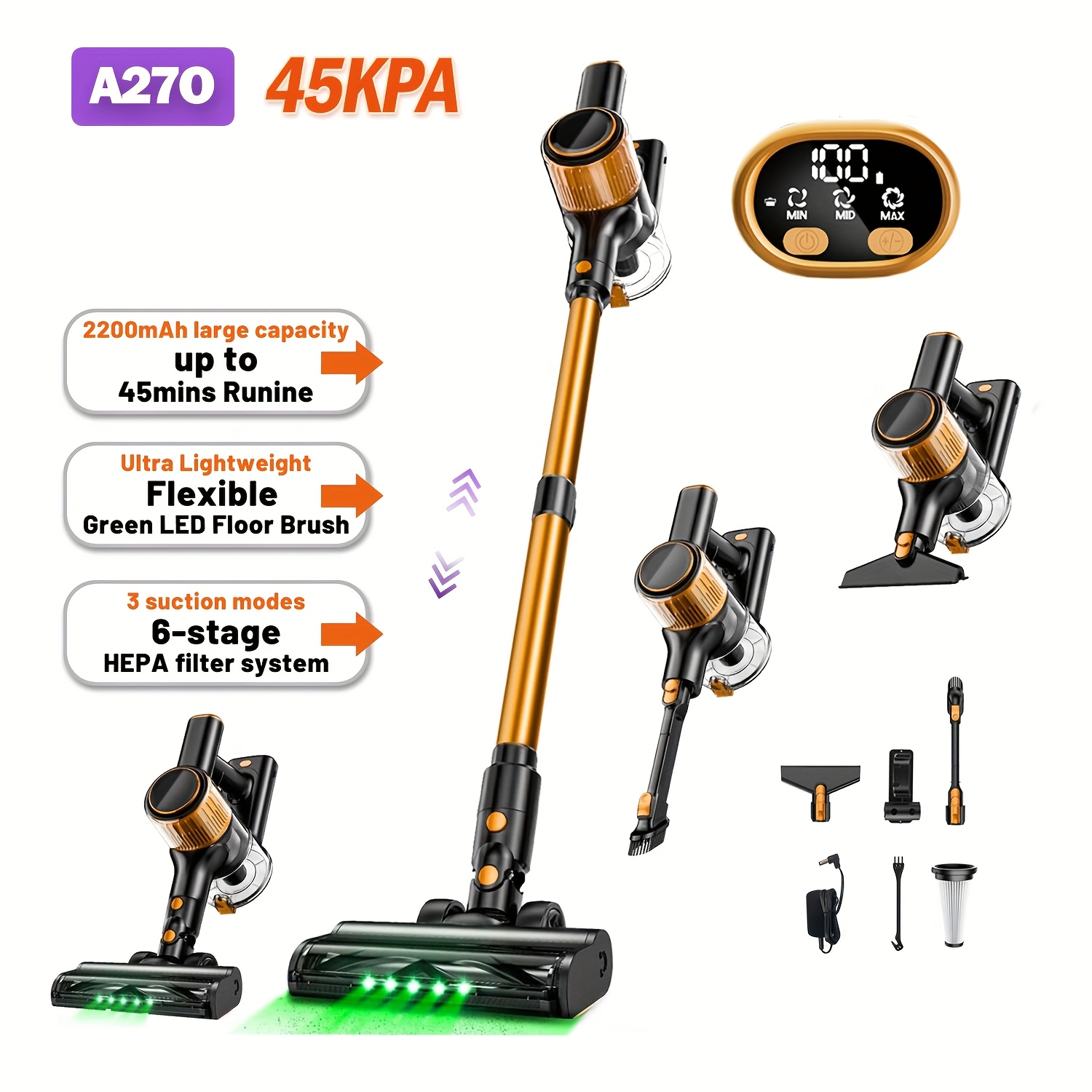 TEMU Cordless Vacuum Cleaner, Lightweight Powerful Suction Vacuum, 45 Minutes Running Time, With Anti- Brush And Upgraded Green Light, 2200mah,
