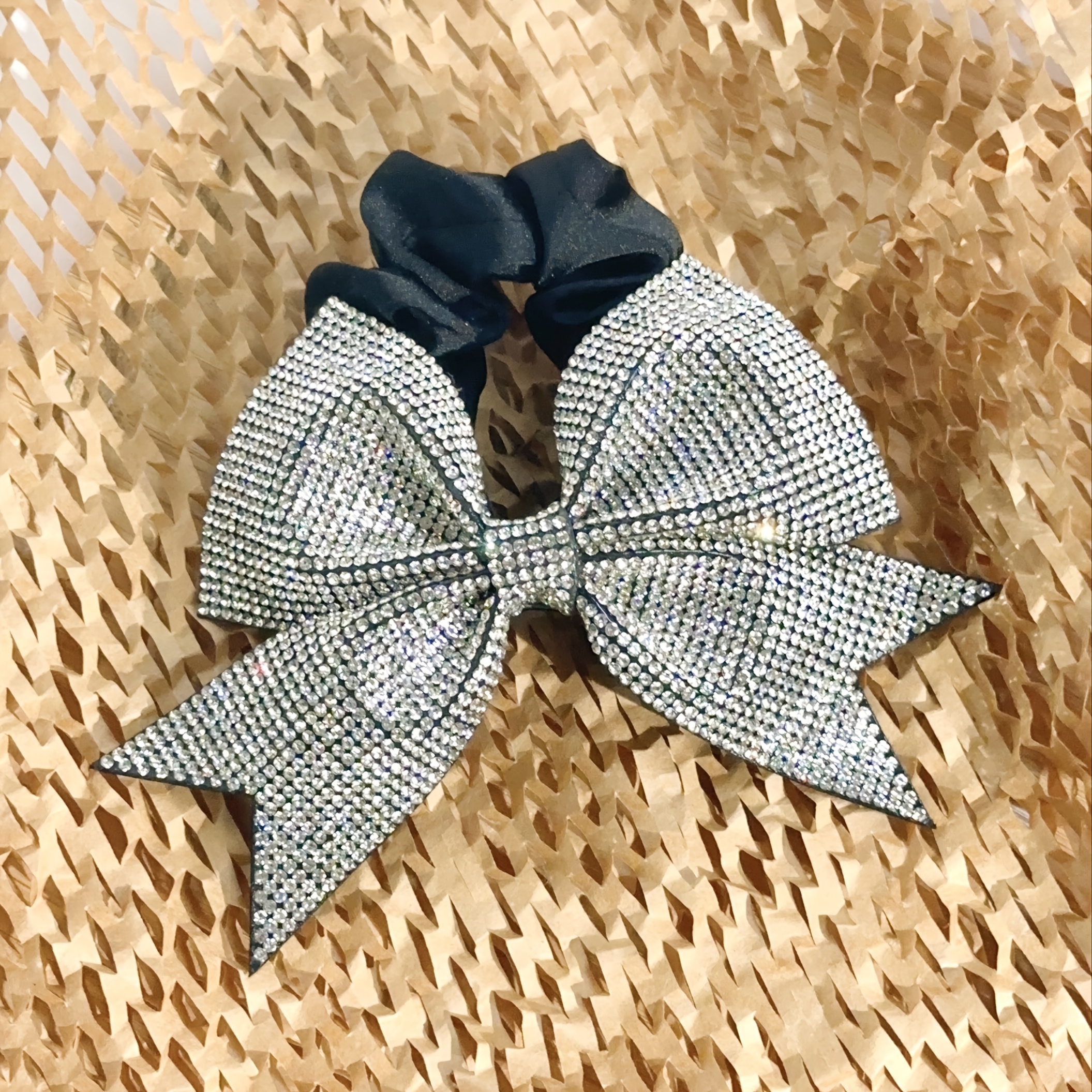 Image of Elegant Sparkling Rhinestone Bow Hair Tie - Ponytail Holder For Women, Perfect For Daily Wear & Parties, Elastic, Hair Accessories