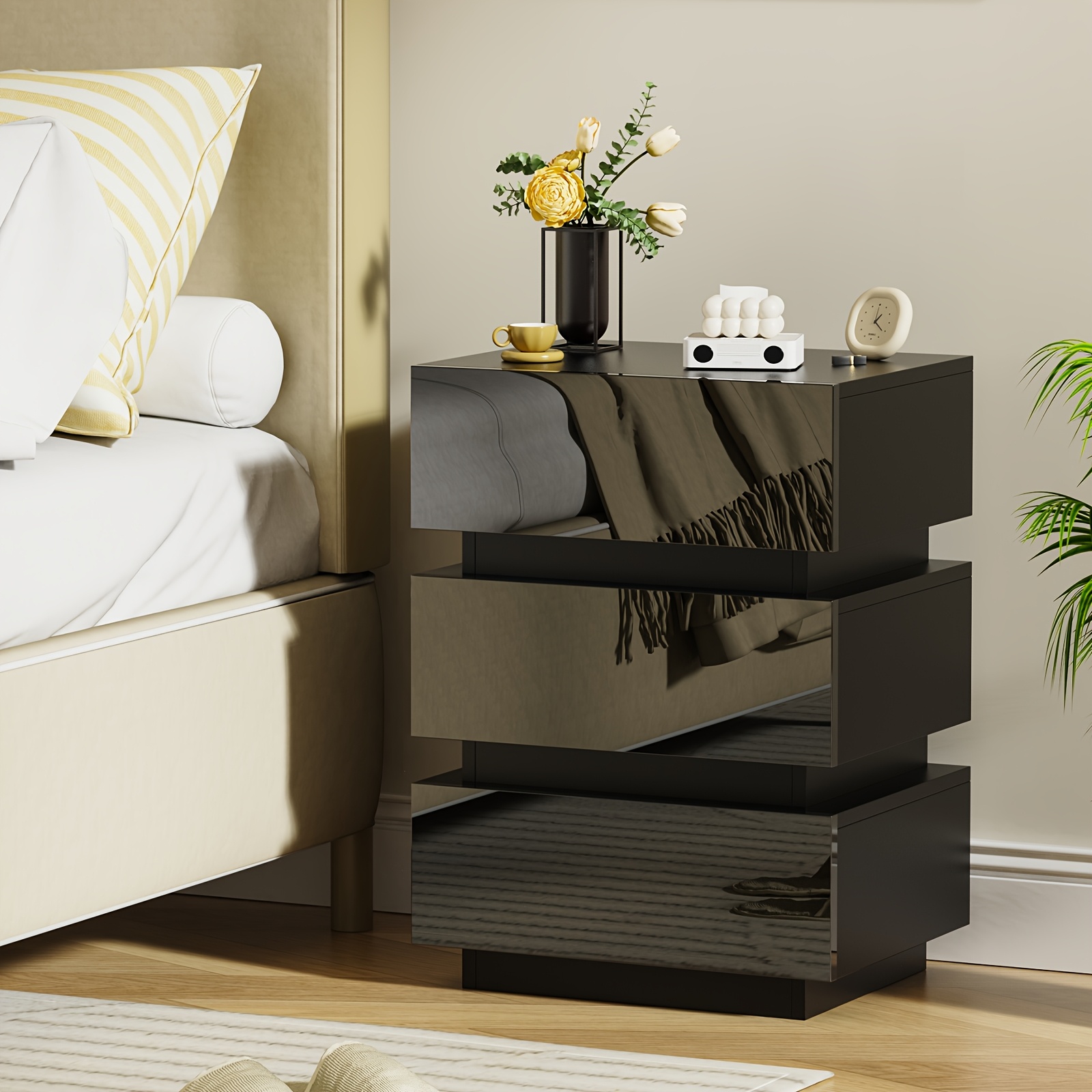 Image of Modern White High-gloss Storage Cabinet With 3-drawer Compact Side Table - Wood, Spacious Drawers (≥3.2 Cu Ft), Space- For Hallway & Small Spaces, Assembly, Furniture (45x35x61cm) 27"+ Height