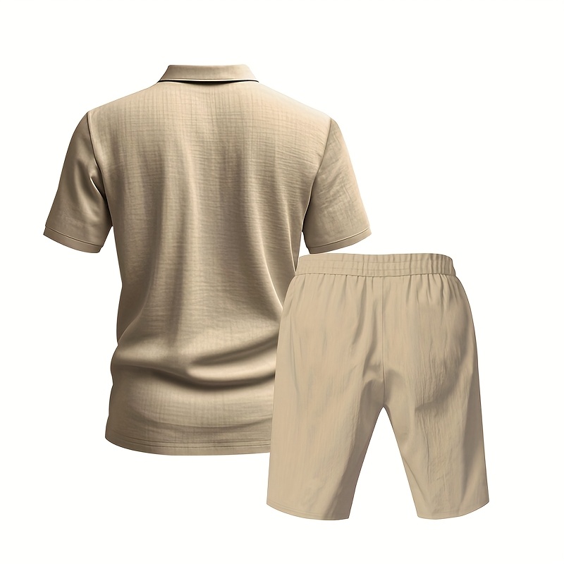 Men's Linen Short Sleeve Shorts Set, Summer Outdoor Sports Casual Breathable Short Sleeve Shirt with Shorts