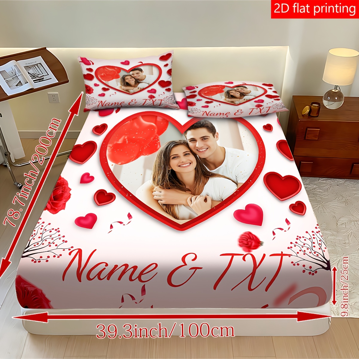 TEMU Fitted Sheet 3pcs Bedding - 3pcs 2d Flat Customized Love Couple Photo Mattress Protector, 1 Fitted Sheet   2 Pillowcases, No Insert, Stylish,