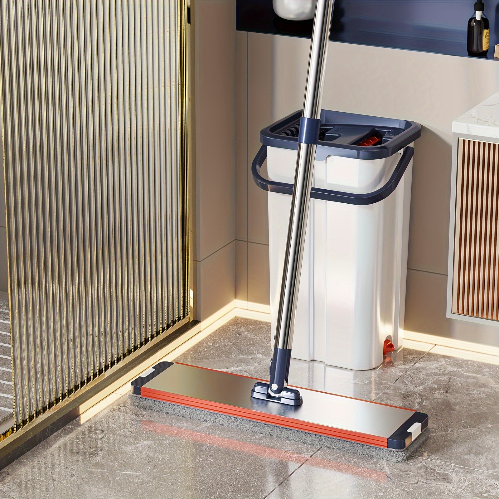 TEMU Flat Mop And Bucket Set, Separate Water, Wet And Dry, Household Floor And Wall Cleaning Mop, 3 Reusable Microfiber Mop Pads, Mop Aluminum Plate