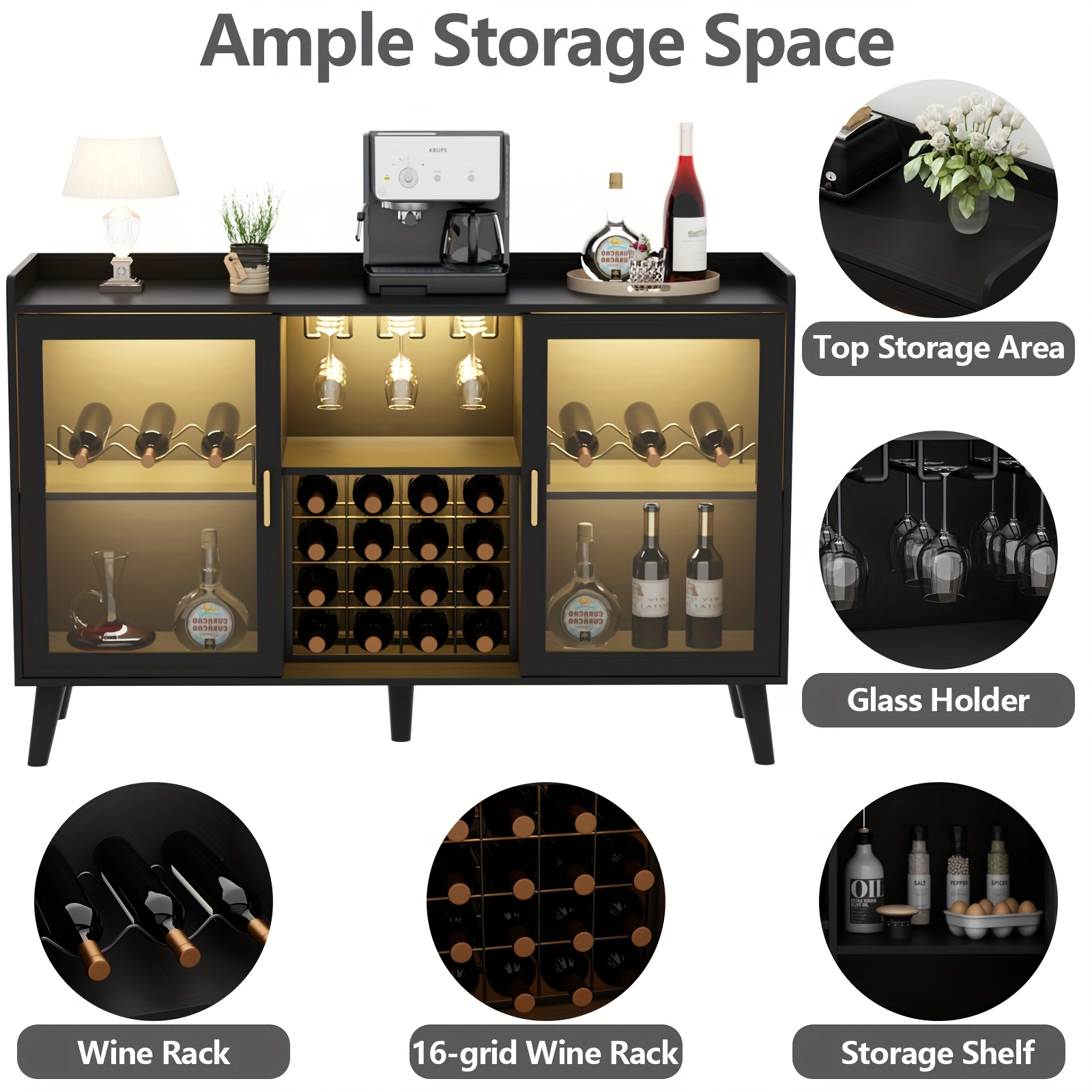 Coffee Bar Cabinet With Wine Racks, Wine Bar Cabinet With Glass Holders, Kitchen Buffet Sideboard With Adjustable Storage Shelves, Freestanding Liquor Cabinet For Kitchen, Living Room, Dining Room
