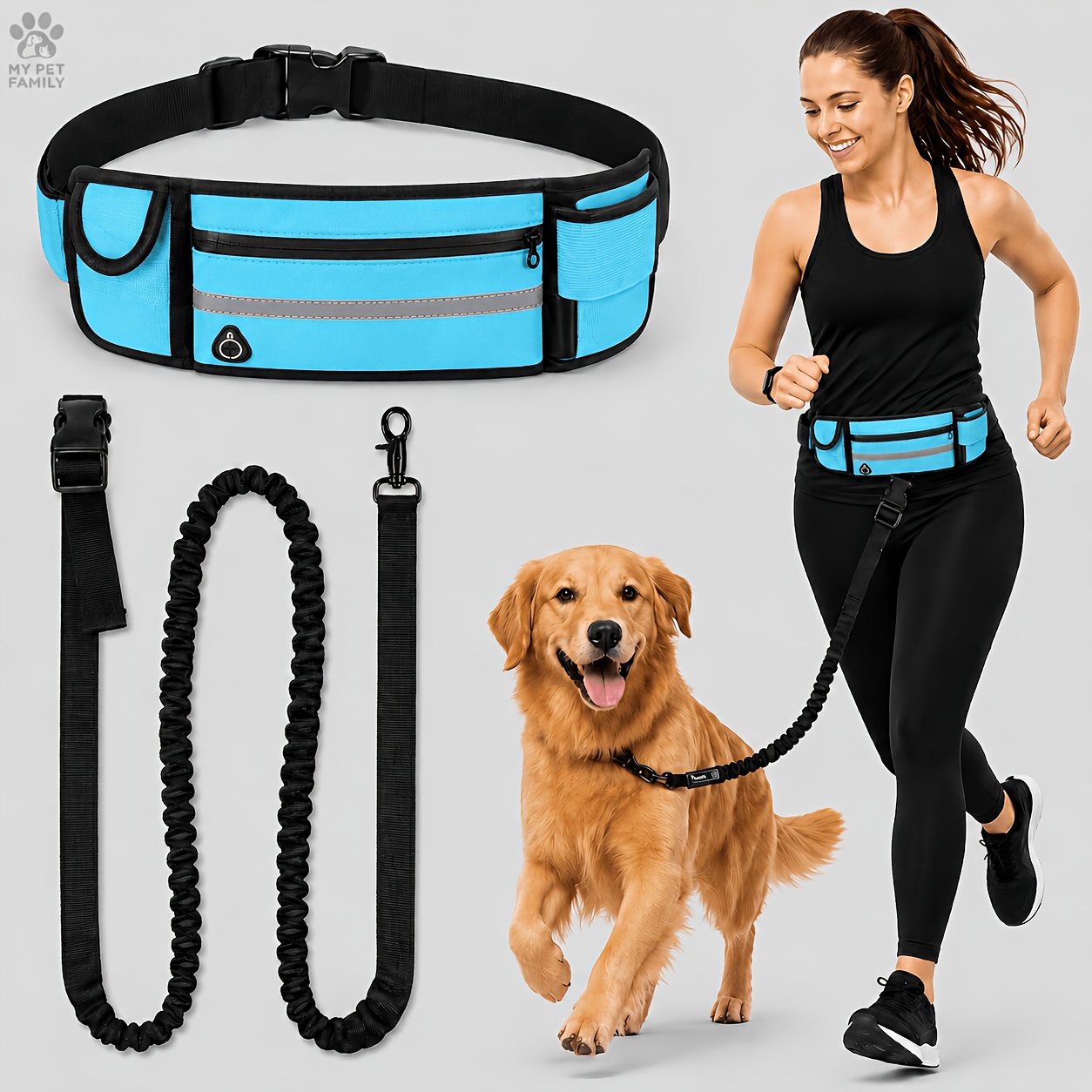 TEMU 2pcs Color-blocking Running Dog Training Leash Set, With Zippered Waist Bag And Rope ( Available), Thickened Handle And Durable Elastic Nylon