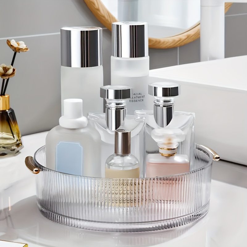 Large Capacity 360° Rotating Makeup Organizer Box With Handle, Clear Plastic, No Printing, For Cosmetics, Jewelry And More
