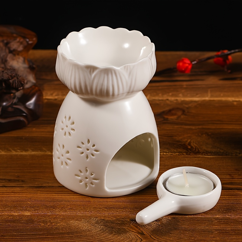 JUXYES Flower Shaped Tealight Wax Melt Warmer With Candle Spoon, Ceramic Candle Essential Oil Burner Tealight Fragrance Warmer Aromatherapy Diffuser For Home Bedroom Décor (Blue