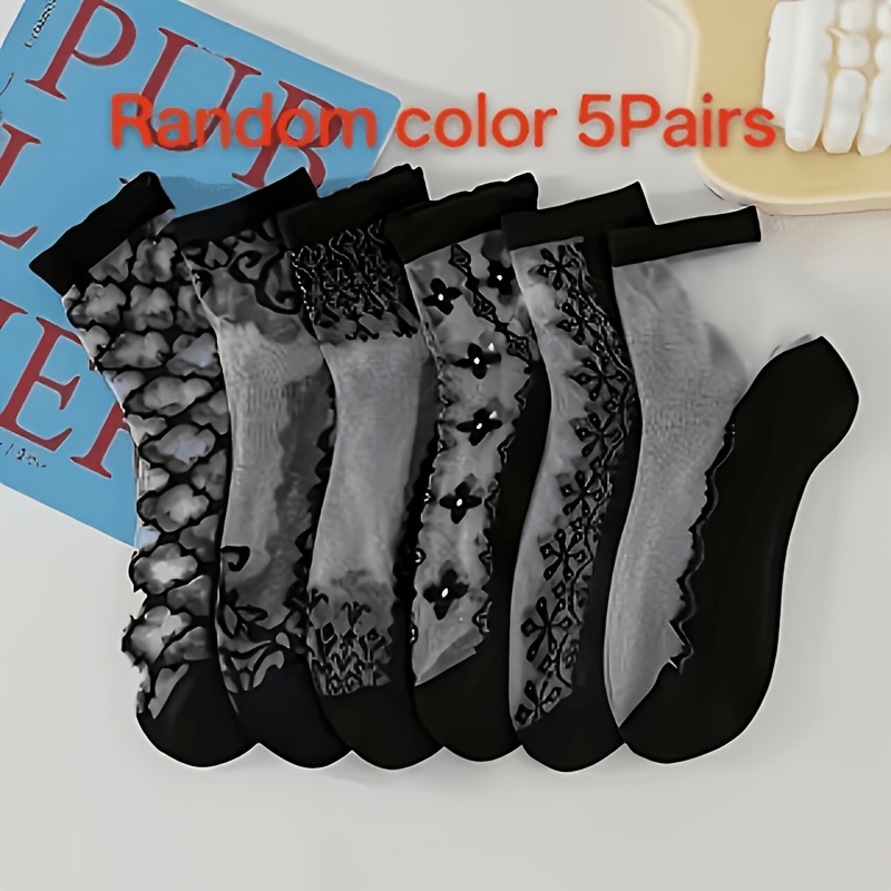 TEMU Random 5-pair Lace Nude Edge Wear-resistant Breathable Stockings With Base, Crystal, Mid-calf, Anti-slip Mesh, Cool And Comfortable Socks