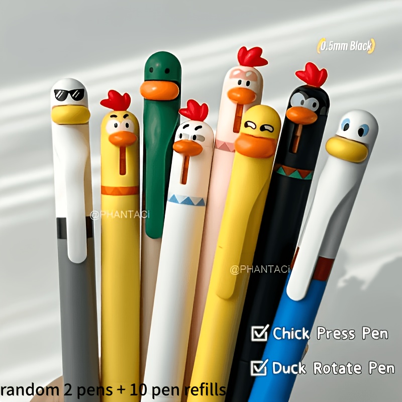 Random 12pcs   And Chick Creative Rotating Gel Pens,   Random 2pcs Pens And 10pcs Refills, 0.5Mm Black Writing Pen Office Supplies Small Gift