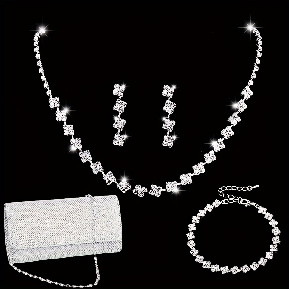 

Elegant Silver Plated Jewelry Set With Rhinestones - Copper Necklace, Earrings, Bracelet, And Clutch Bag - 4-piece Bridal & Party Accessory Set