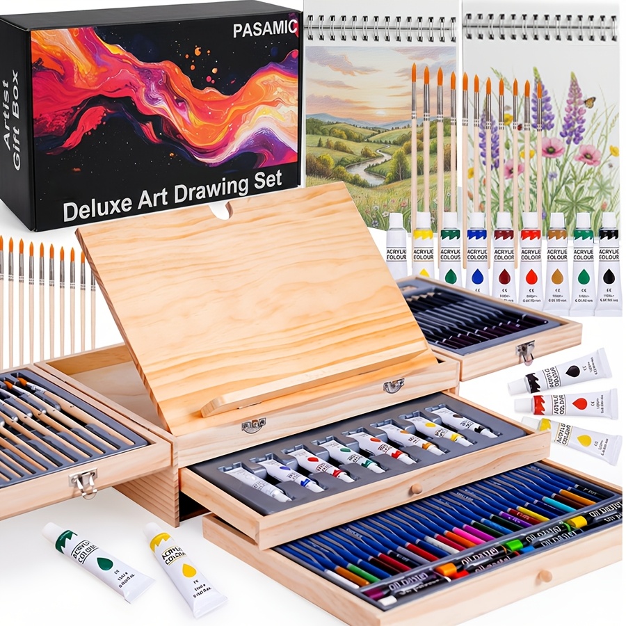 TEMU 84pcs Professional Art Supplies Complete Set With Wooden Easel, 10 Paintbrushes & Palette Suitable For Adults, Beginners, Artists - Portable