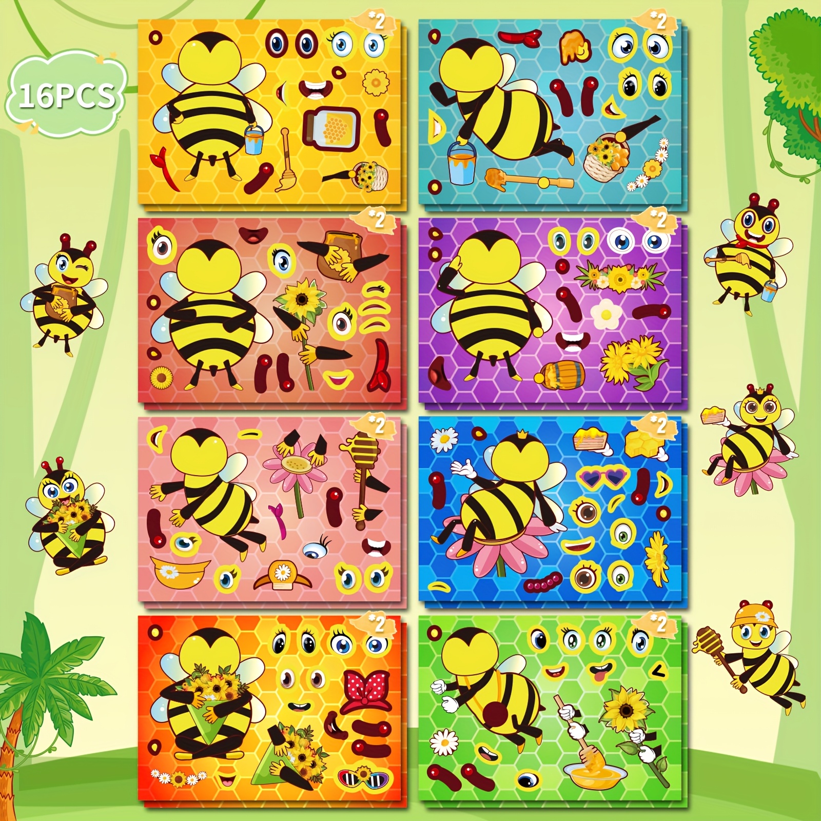 Image of 8/16 Pack Bee Face Stickers, Self-adhesive Pvc Decorative Stickers For Diy Crafts, Single Use, Yellow