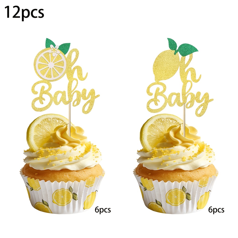 12/24pcs Glitter Lemon Oh Baby Cupcake Toppers, Summer Lemon Theme Cake Decorations For Baby Shower, Kids Birthday Party Supplies, Gender Reveal Party Picks