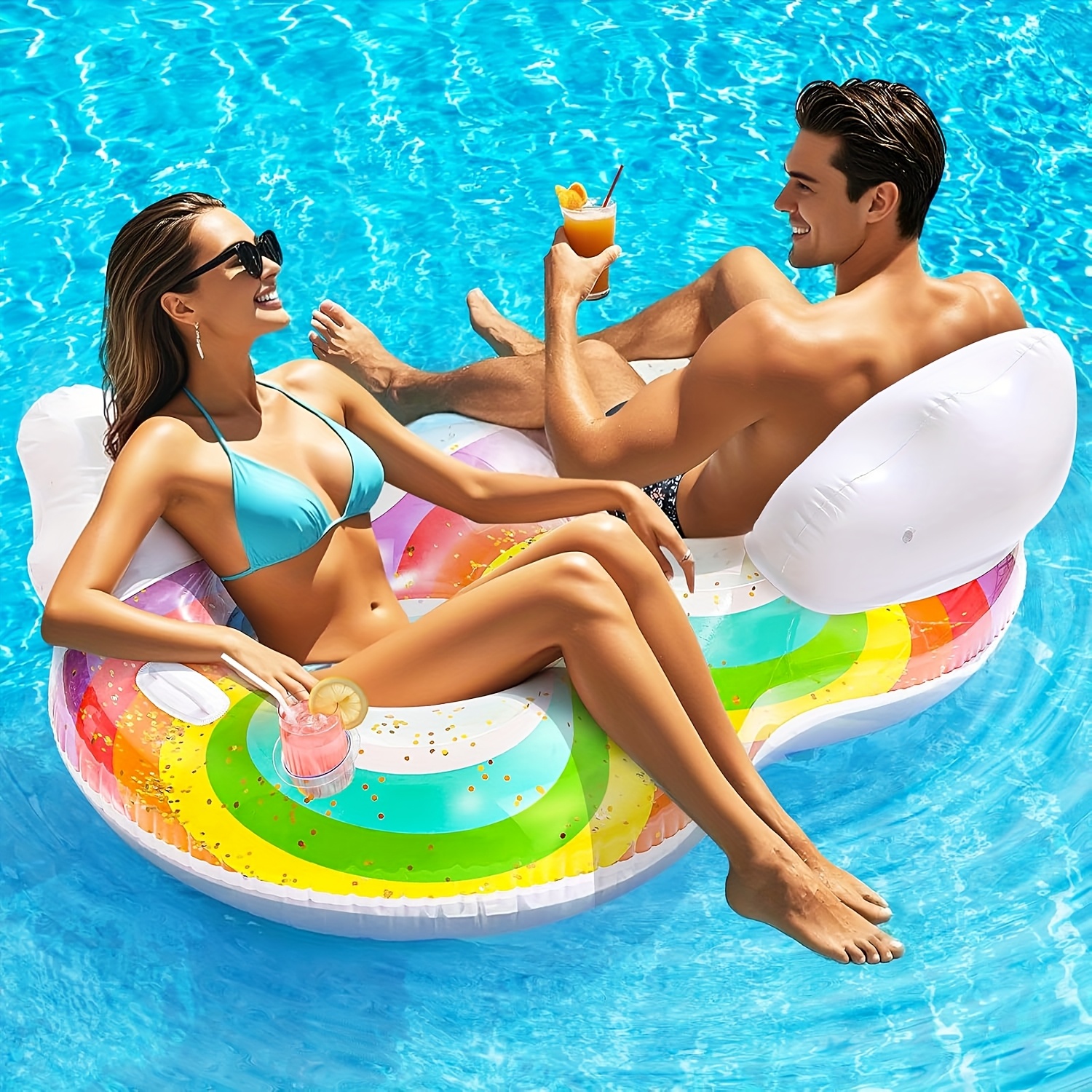 inflatable rainbow pool float lounger with cup holders colorful