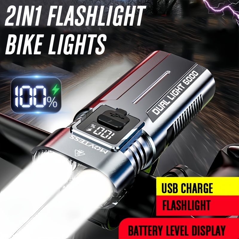 Super Bright Aluminum LED Bike light, Outdoor Cycling light, USB Fast charging, with Battery Level indicator and Emergency light, Easy to Install with Loop Rope closure, 4 Lighting modes, Suitable for Outdoor Riding, Hiking, Camping, Outdoor Lighting
