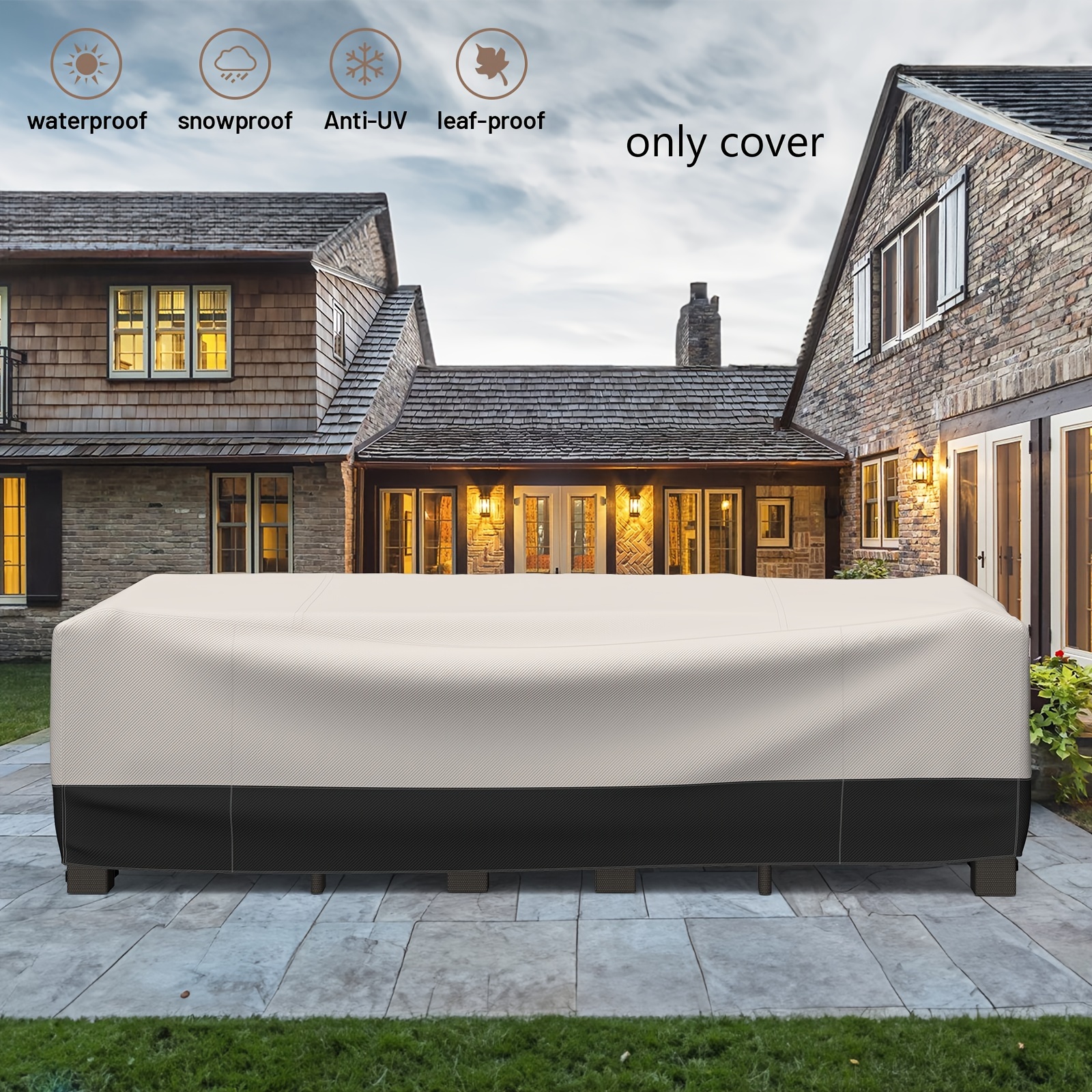 

1pc Outdoor Patio Furniture Cover, 107" X 81" X 27.9", Beige & Black, 420d Polyester, Waterproof, Uv & Snow Protection, With Air Vent, 4 Buckle Straps, Drawstring Hem, Fits Sofa & Table Sets