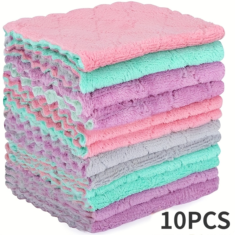 Image of 10pcs Microfiber Dish Cloths - Terrycloth Scouring Pads, Double-sided Kitchen Cleaning Rags For Dishes, Furniture And Bedroom
