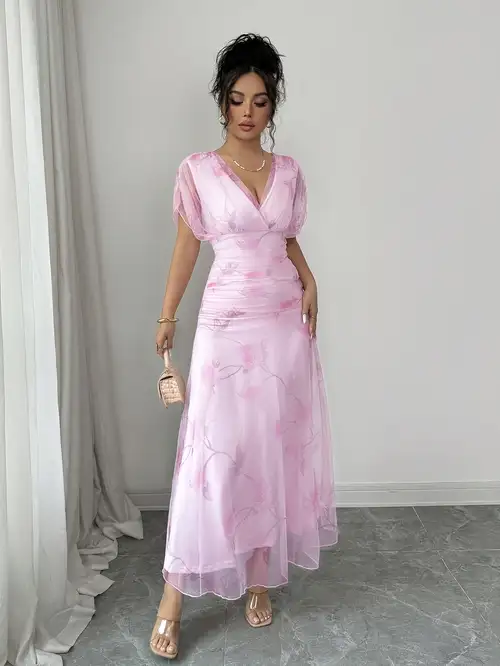 temu pink dress elegant and fashionable pink dress for women, pleated single shoulder long sleeved ruffle collar design, french style dress - women's clothing