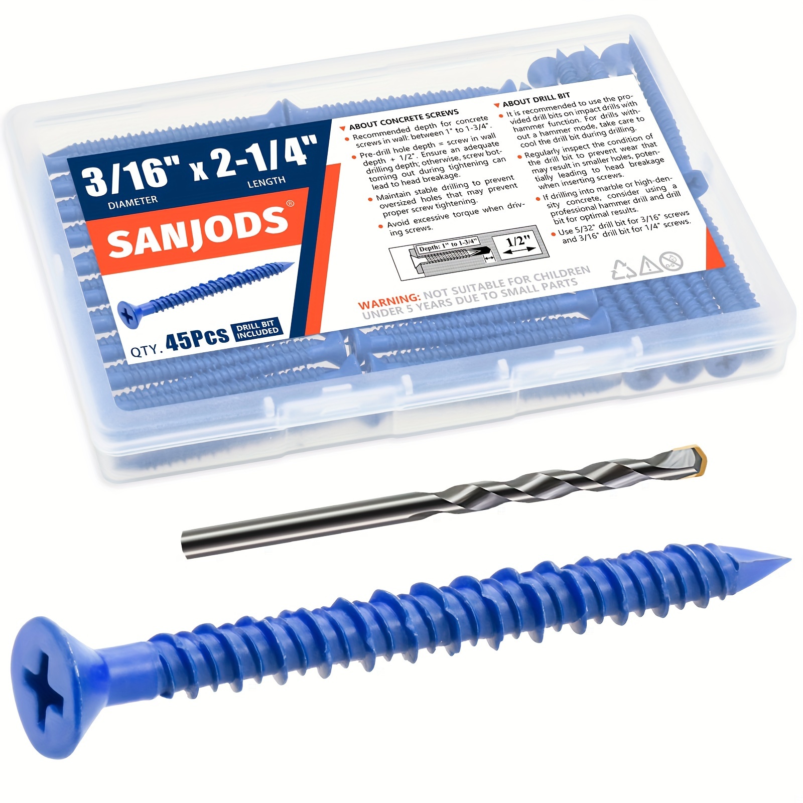 3/16" X 2-1/4" Concrete Screw, Blue Screws For Masonry, Brick, Block, Cement Or Stucco (pack Of 45)