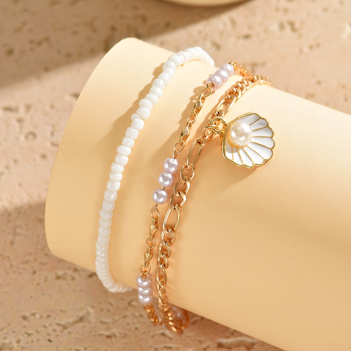 Boho Beach Ankle Bracelets with Seashells & Starfish, Set of 3