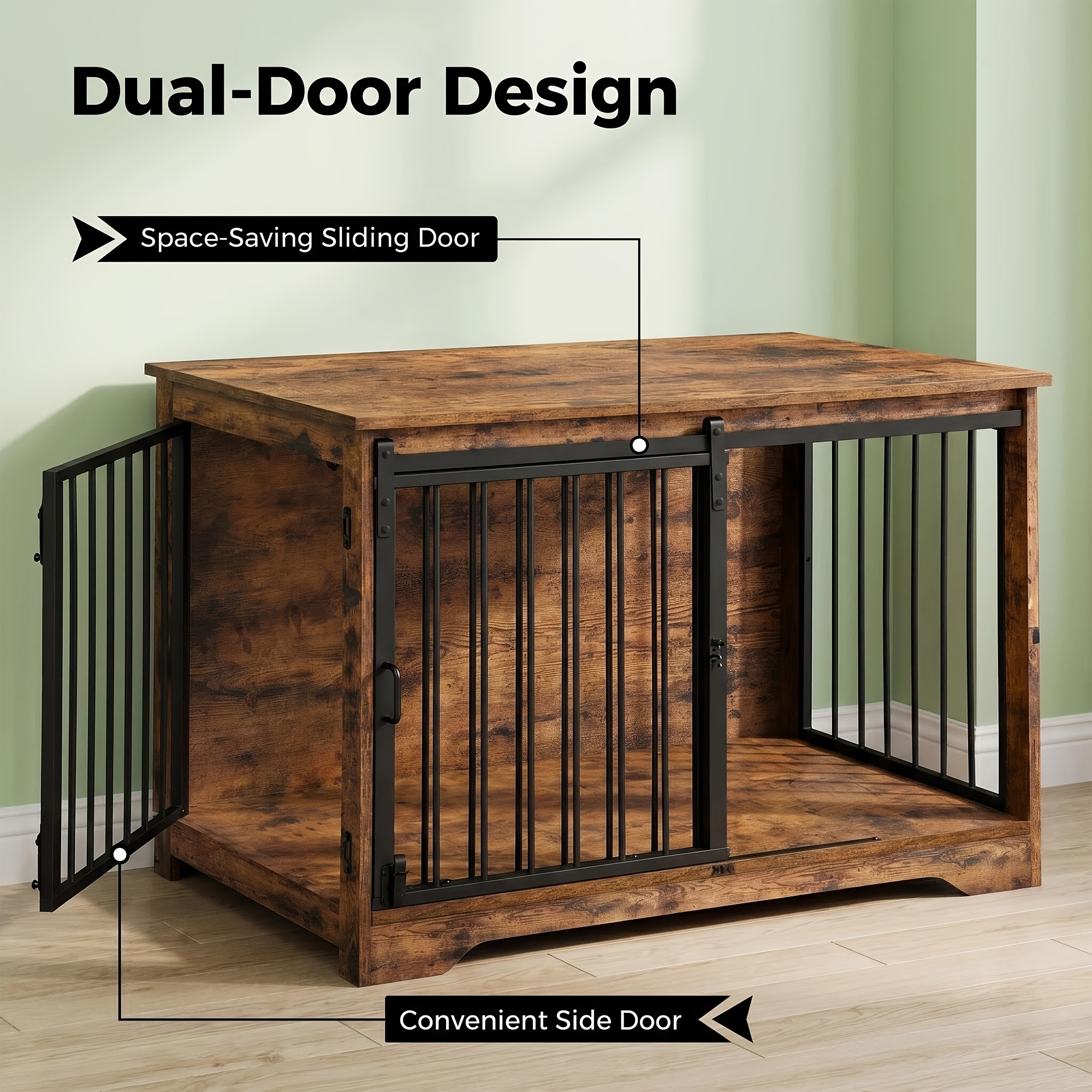 Image of 101cm Wide Dog Crate Furniture, Medium-sized Dog Furniture Kennel, Country Brown Double-door Indoor Dog Cage, Made Of 10mm Thick Iron Pipe, Bite-proof And Escape-proof, Can Be Used As A Side Table