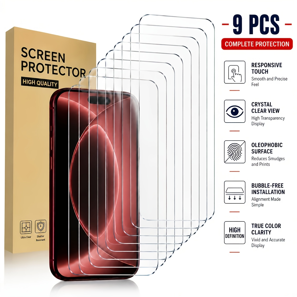 TEMU 9pcs 8k Tempered Glass Screen Protectors, Compatible With For Iphone 18 Pro Max/17 Pro Max/17 Pro/17